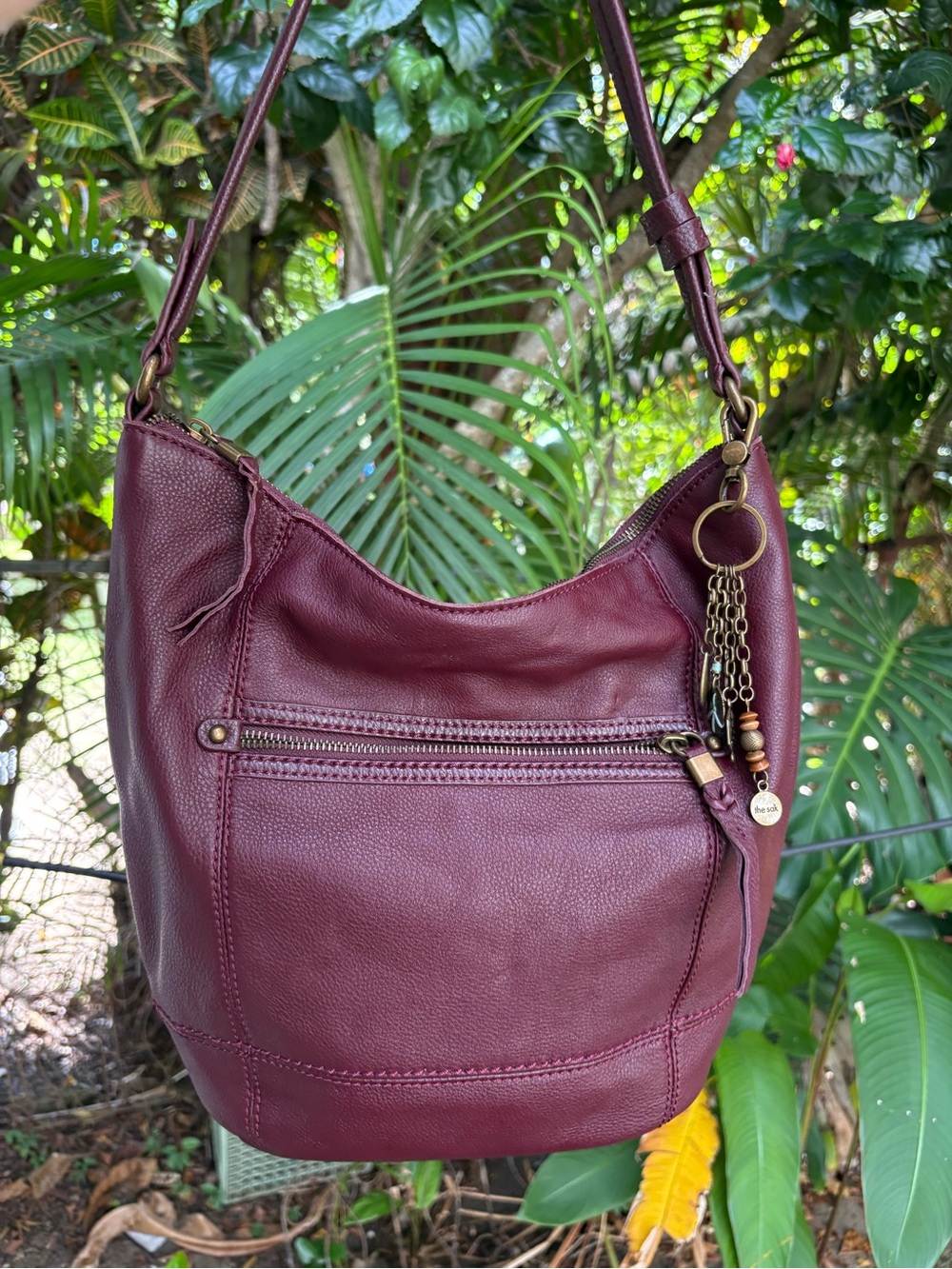 The Sak Sequoia Burgundy Wine Leather Hobo Bag With Charm - Picture 5 of 8